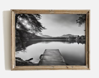 Vintage Lake House Print, Black and White Landscape (Digital Download)