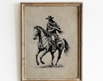 Sztuka przedstawiająca konia kowbojskiego w stylu vintage, obraz olejny w stylu western (pobranie cyfrowe)