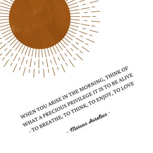 May include: A quote by Marcus Aurelius about the importance of appreciating life's simple pleasures. The quote is displayed on a white background with a stylized sun graphic in the top left corner.