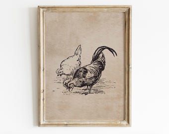 Lámina artística vintage de pollo, decoración de animales de granja (descarga digital)