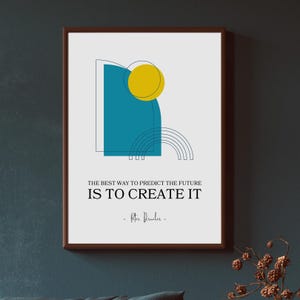 Könnte beinhalten: Ein Motivationsposter mit einem abstrakten Design in Blau und Gelb. Das Zitat lautet: "Der beste Weg, die Zukunft vorherzusagen, ist, sie zu gestalten - Peter Drucker -"
