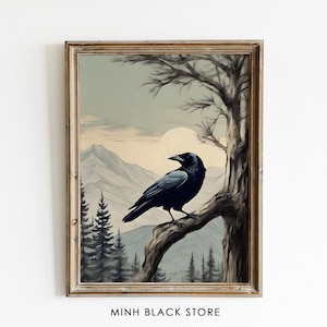 Raven Painting, Bird Prints Wall Art, Sketch Art Print Landscape, Raven Wall Art, Vintage Decor Home, Raven Print, Witchcraft Print, Crow
