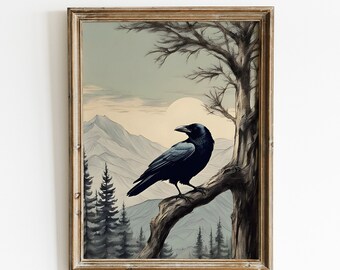Vintage Raven Sketch Art Print, Bird Wall Art (Digital Download)