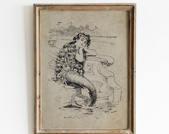 Vintage zeemeermin muur kunst afdrukbare, kustkunst print downloaden, zeemeermin schilderij, schattige prints muur decor, oceaan print kunst, fantasy art print downloaden