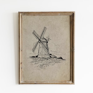 Windmill Wall Art, Windmill Painting, Vintage Windmill Wall Decor, Windmill Landscape Painting Download, Vintage Prints Wall Art