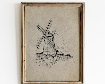 Vintage Windmill Landscape Painting, Farmhouse Wall Art (Digital Download)