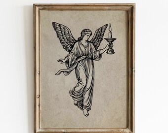 Vintage engel schilderij print, illustratie kunst aan de muur (digitale download)