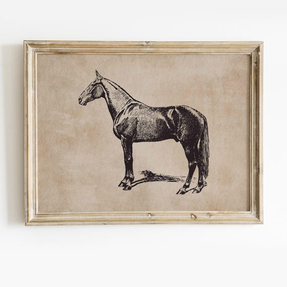 ヴィンテージの馬の絵画、農家風の壁装飾（デジタルダウンロード