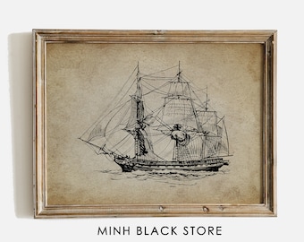 May include: Black and white line drawing of a sailing ship with multiple sails. The ship is on a beige background with the text "MINH BLACK STORE" at the bottom.