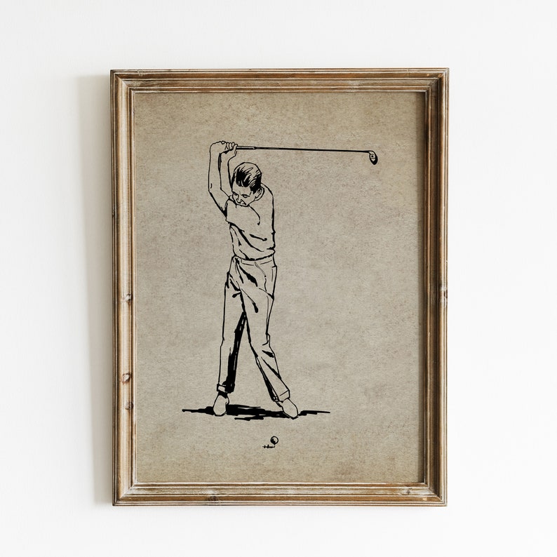 May include: A black and white line drawing of a golfer swinging a club. The golfer is wearing a collared shirt and pants. The drawing is on a beige background.