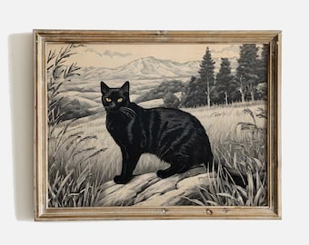 Black Cat Painting Print, Vintage Cat Wall Art Download, Sketch Drawing Art, Animal Sketch Printable, Cat Art Printable, Pet Portrait Print