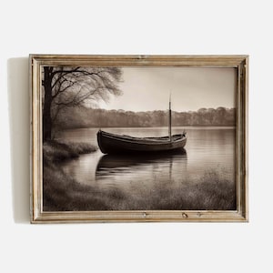 Antique Landscape Print, Vintage Boat Print Black And White, Antique Wall Art Prints, Vintage Wall Art Printable, Lake Digital Download