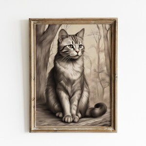 Cute Cat Print Wall Art, Cat In The Wood Painting, Animal Sketch Prints, Pet Portrait Painting Digital Download, Cat Portrait Painting