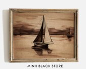 Vintage Sailboat Sketch Painting, Coastal Landscape Art (Digital Download)