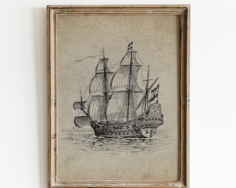 May include: A black and white line drawing of a tall sailing ship with multiple sails. The ship is in the water and the drawing is on a beige background.