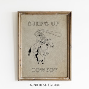 Vintage Cowboy Poster Print, Western Wall Art, Surf's Up Cowboy, Wild West Print, Cowboy Painting Download, Surf Wall Art, Cowboy Artwork