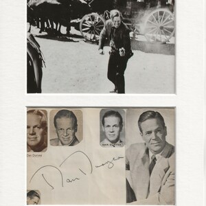 Puede incluir: Foto en blanco y negro de un actor en una película del oeste, con un primer plano de la cara del actor y su firma. El texto "Dan Duryea" está impreso debajo de la foto.