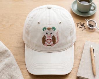 Opossum Embroidered Wash Dad Hat with Heart Design, Love Possum Cap, Cute Animal Lover Gift, Forestcore Sage Green Hat