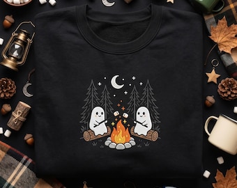 Embroidered Spooky Camping Sweatshirt, Two Ghosts Campfire Crewneck, Cute Halloween Camping Hoodie, Ghost Marshmallow Apparel