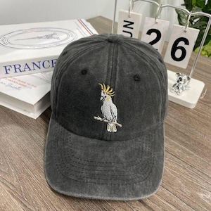 Yellow Crested Cockatoo Embroidered Wash Dad Cap, Tropical Parrot Hat, Bird Owner Gift, Exotic Animal Cap, Wildlife Bird Embroidery
