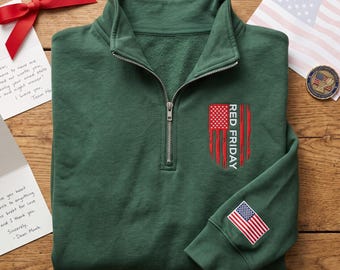 Embroidered Red Friday Vertical Flag Quarter Zip, Military Support Sweatshirt, Veteran Pullover, Army Family Patriotic Apparel