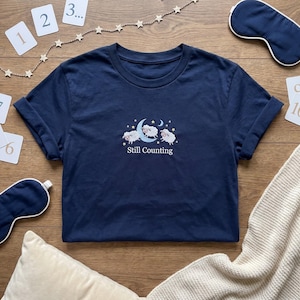 Embroidered T-Shirt, Still Counting Sheep Shirt, Cute Night Sky Tee, Sleepy Stars Moon Top, Funny Insomnia Pajama Tshirt, Celestial Gift