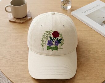 Embroidered Flower Bouquet Wash Dad Cap, Floral Cotton Baseball Hat, Botanical Garden Gift, Minimalist Wildflower Hat, Unisex Cap
