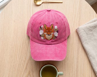 Floral Fox Embroidered Wash Cotton Cap, Cute Woodland Animal Hat, Nature Lover Gift, Vintage Style Summer Dad Baseball Cap