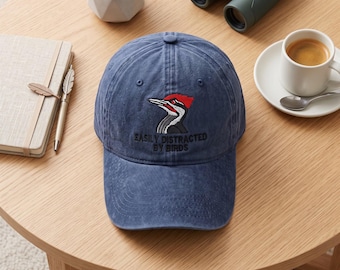Easily Distracted by Birds Embroidered Dad Hat, Pileated Woodpecker Wash Cap, Ornithology Gift, Nature Lover Baseball Hat for Bird Lovers