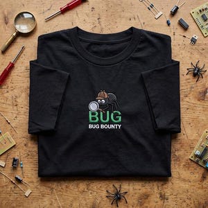 May include: A black t-shirt featuring an embroidered graphic of a spider wearing a detective hat and holding a magnifying glass. Below the spider, the text reads BUG in large green letters and BUG BOUNTY in smaller white capital letters.