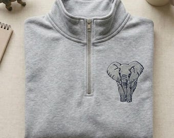 Elephant Embroidered Quarter Zip, Funny Elephant Pullover, Elephant Design Gift