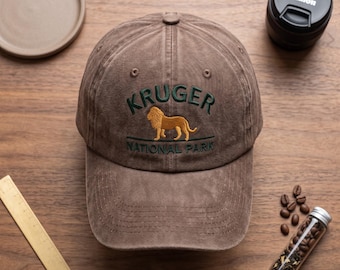 Wild Kruger Lion Embroidered Wash Dad Cap, Safari Animal Hat, African Wildlife Gift, Nature Lover Souvenir, Vintage Style Headwear