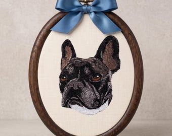 Custom Embroidered Pet Ornament, Personalized Frenchie Dog Portrait Hoop, Cute Brindle Frenchie Mom Gift, Dog Lover Ornament