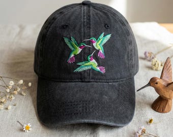 Embroidered Hummingbird Dad Hat, Three Birds Cap, Nature Lover Gift, Garden Enthusiast Baseball Hat, Wildlife Photography Cap