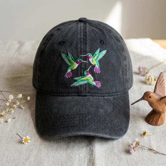 Embroidered Hummingbird Dad Hat, Three Birds Cap, Nature Lover Gift, Garden Enthusiast Baseball Hat, Wildlife Photography Cap