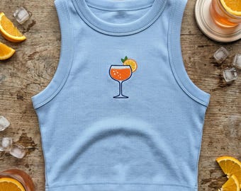 Embroidered Aperol Spritz Tank Top, Orange Cocktail Crop Top, Women Summer Vacation Spaghetti Strap, Italian Drink Camisole