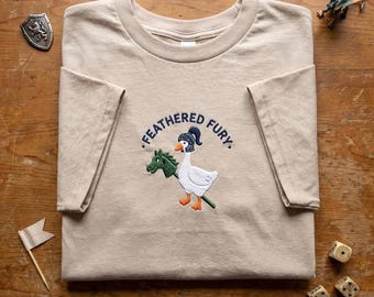Embroidered Feathered Fury Shirt, Knight Goose Hobby Horse Tee, Funny Medieval Bird T-Shirt, Chaotic Farm Animal Top, Renaissance Fair Gift