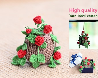 Car Hanging Crochet, Rose Plants crochet hanging Plant Decor, lucky plant ,Crochet Hanging Plants Car Accessories For Women Houseplant Decor