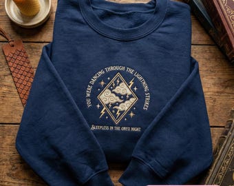 Embroidered Midnight Dragon Hoodie, Dancing Through Lightning Shirt, Onyx Storm Fan Gear, Fourth Wing Crewneck, Bookish Sweatshirt