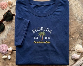 Florida Sunshine State Embroidered T-shirt, Florida Souvenir Tee, Palm Tree Embroidery, Summer Beach Apparel, Florida Est 1845 Shirt