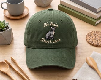 Sphynx Cat No Hair Don't Care Embroidered Wash Dad Hat, Hairless Kitten Cap, Cute Cat Lover Gift, Funny Pet Mom Baseball Hat for Her