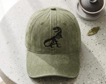 Dinosaur Raptor Skeleton Embroidered Wash Dad Hat, Velociraptor Fossil Cap, Paleontology Student Gift, Dino Nerd Science Headwear Gift