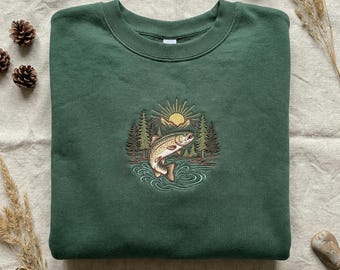 Embroidered Sweatshirt, Rainbow Trout Fishing Gift, Mountain Landscape Hoodie, Outdoorsy Angler Crewneck, Scenic Nature Forest Apparel