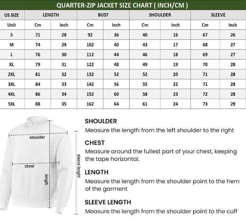 Puede incluir: Tabla de tallas para una chaqueta con cremallera de un cuarto, que muestra medidas en cent&iacute;metros y pulgadas. Las tallas van de la S a la 5XL, con medidas correspondientes para largo, pecho, hombro y manga. Diagramas explican c&oacute;mo medir hombro, pecho, largo y largo de manga.