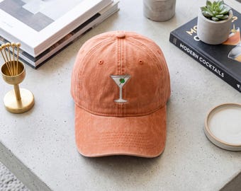 Embroidered Martini Glass Wash Dad Hat, Olive Cocktail Cap, Classic Drink Gift, Dirty Martini Headwear, Bartender Happy Hour Accessory