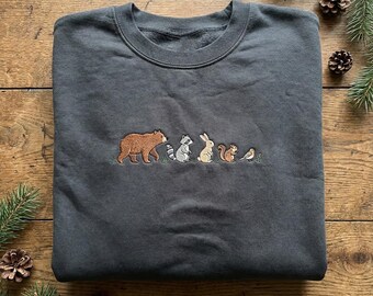 Forest Wildlife Embroidered Sweatshirt, Bear Raccoon Rabbit Squirrel Bird Hoodie, Nature Enthusiast Gift, Realistic Animal Crewneck