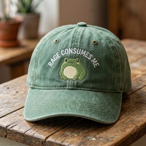 Könnte beinhalten: Grüne Baseballkappe mit dem gestickten Text "RAGE CONSUMES ME" und einem Cartoon-Frosch. Die Kappe hat einen gebogenen Schirm und einen verstellbaren Riemen. Der Hut ist aus weichem, abgenutztem Material.