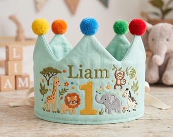 Safari animal first birthday crown, embroidered linen hat for one year old boy, wild one personalized toddler party prop, jungle theme