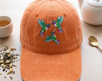 Embroidered Three Hummingbird Wash Dad Hat, Garden Lover Cap, Nature Enthusiast Gift, Wildlife Photography Baseball Hat for Birdwatchers