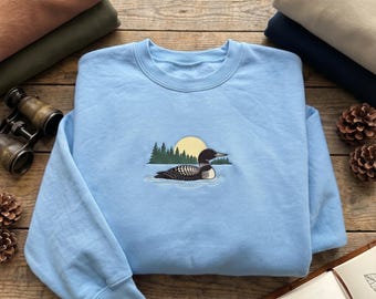 Embroidered Loon on Lake Sweatshirt, Sunset Nature Hoodie, Cabin Life Crewneck, Bird Watcher Gift, Waterfowl Shirt, Hiking Outdoors Top